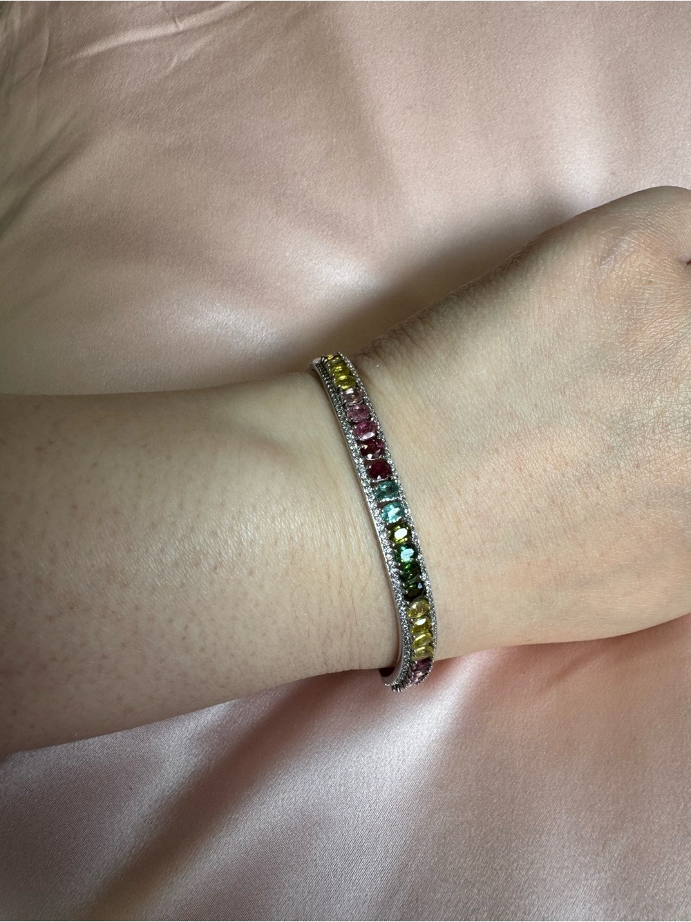 925 sterling silver tourmaline multicolor bangle bracelet pink green blue yellow - Picture 4 of 4